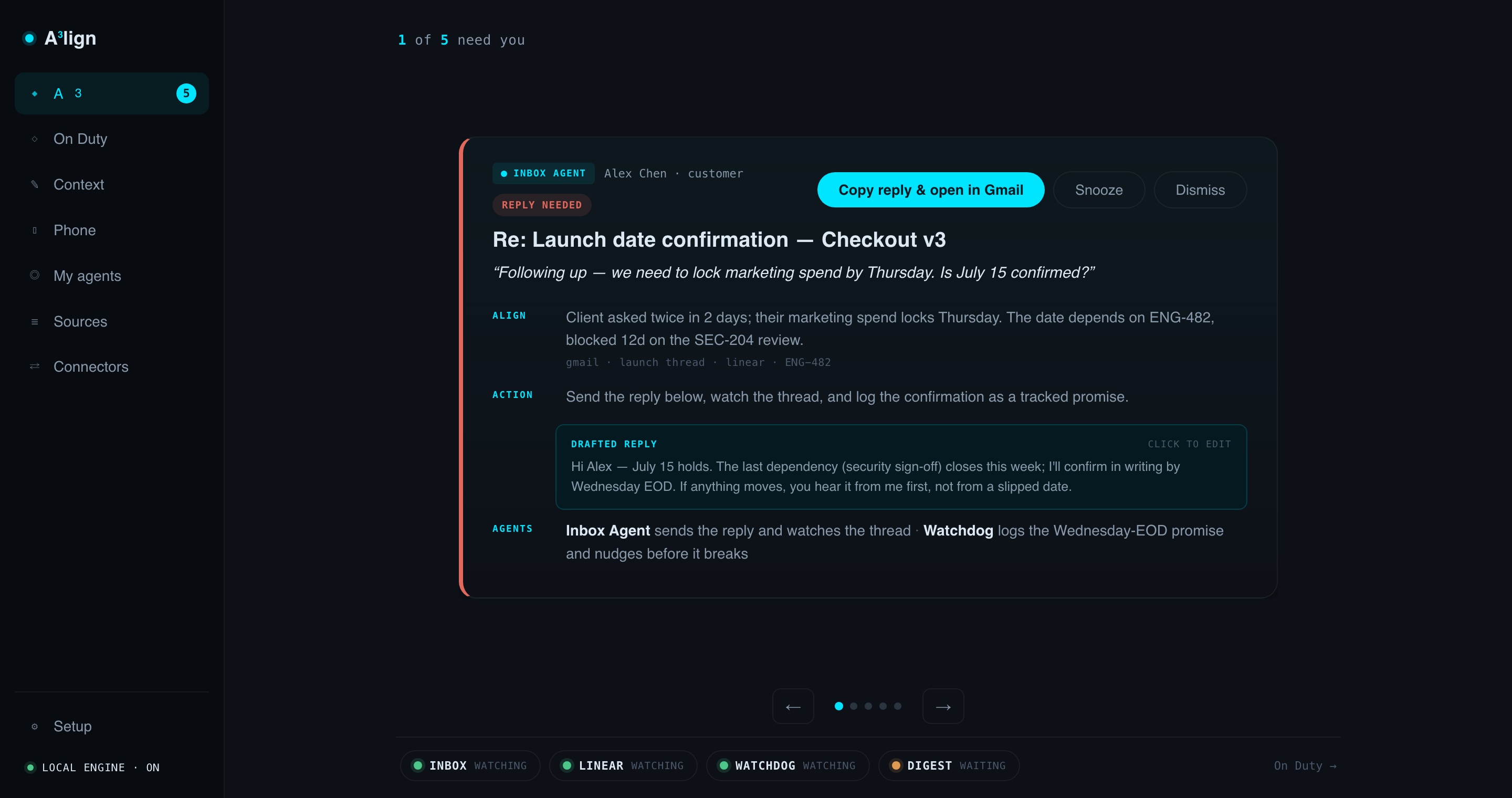 Align Desktop showing one request that needs you: a customer asks whether July 15 is confirmed, with the reason, the next step, a drafted reply and what the agents will do